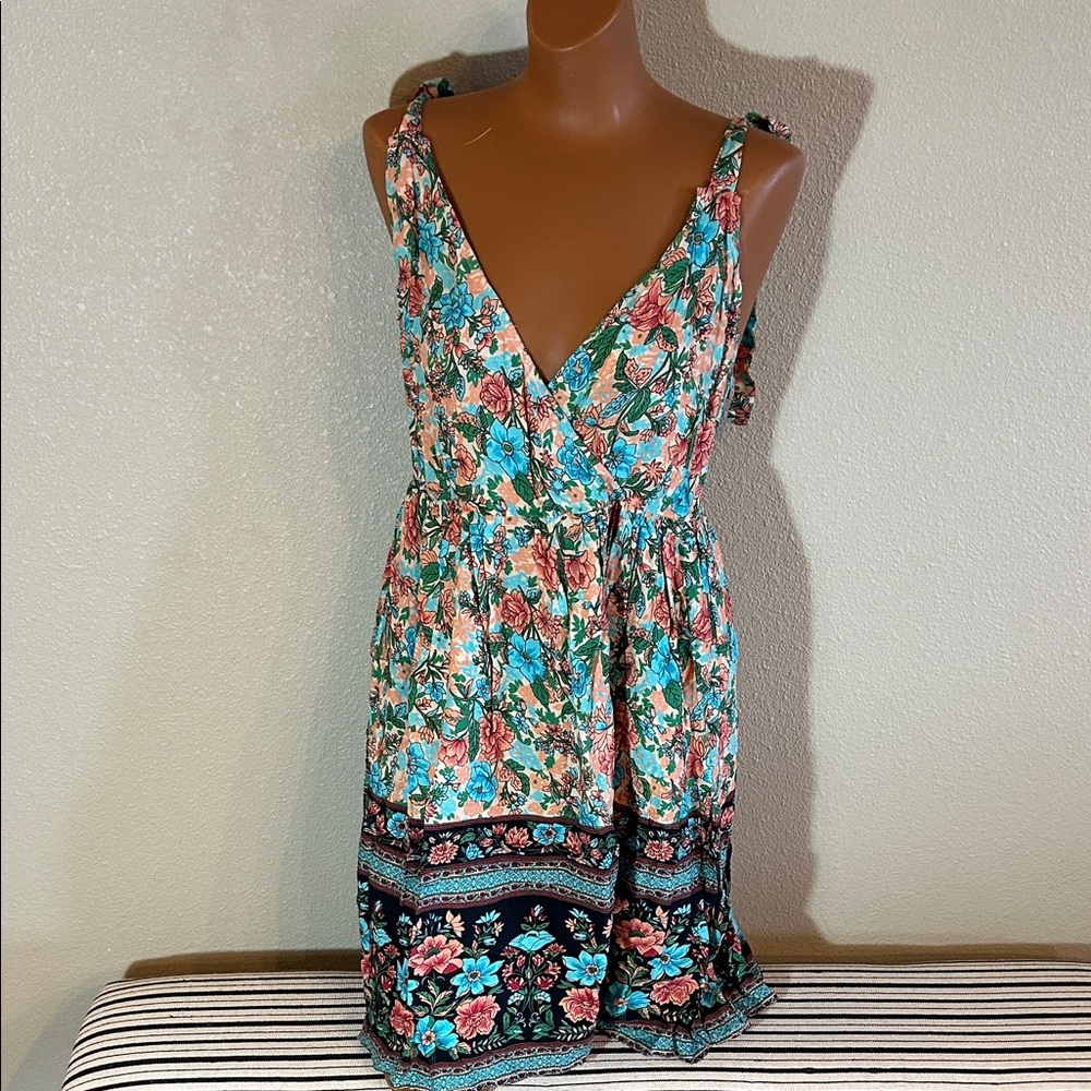Floral V-Neck Mini Dress - Blue and Pink